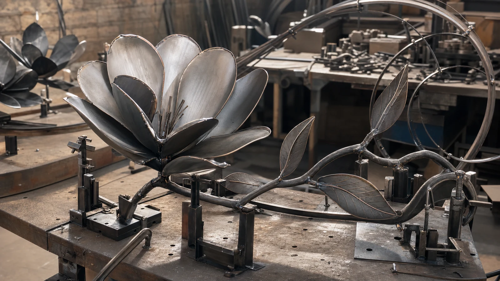 Hand-shaped steel frames for custom flower lantern petals