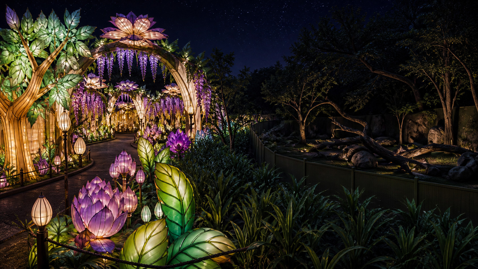 Illuminated visitor route separated from a quiet habitat area by a planted buffer