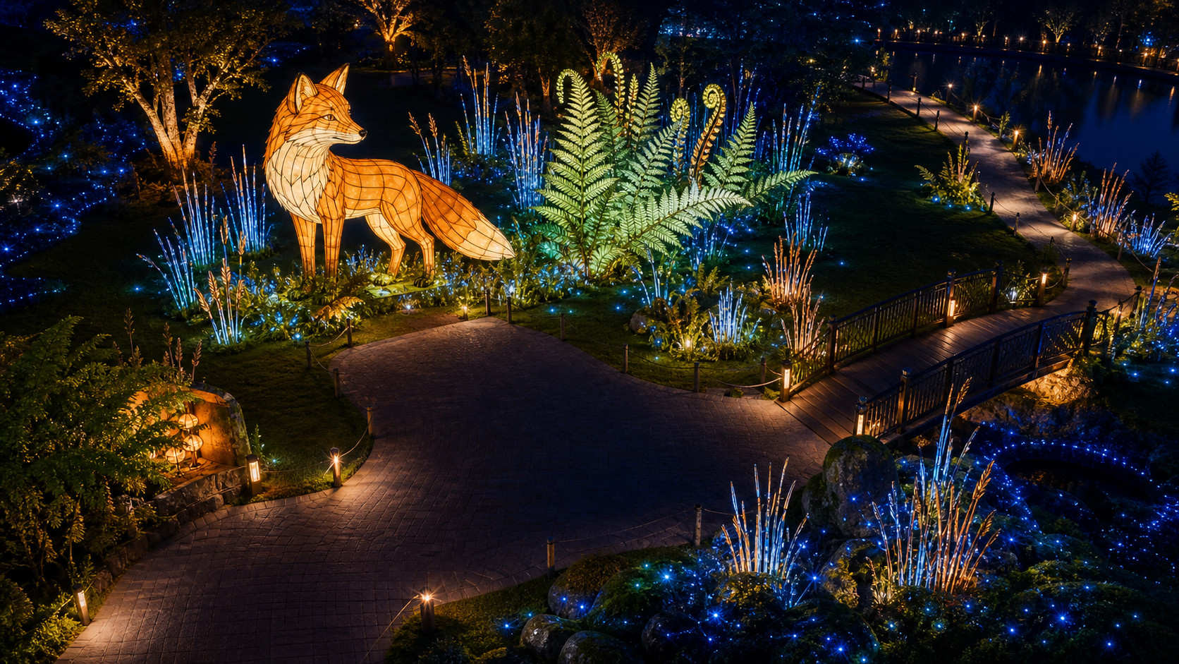 Light festival route with an open viewing apron, bridge threshold, photo-stop pocket and bypass path