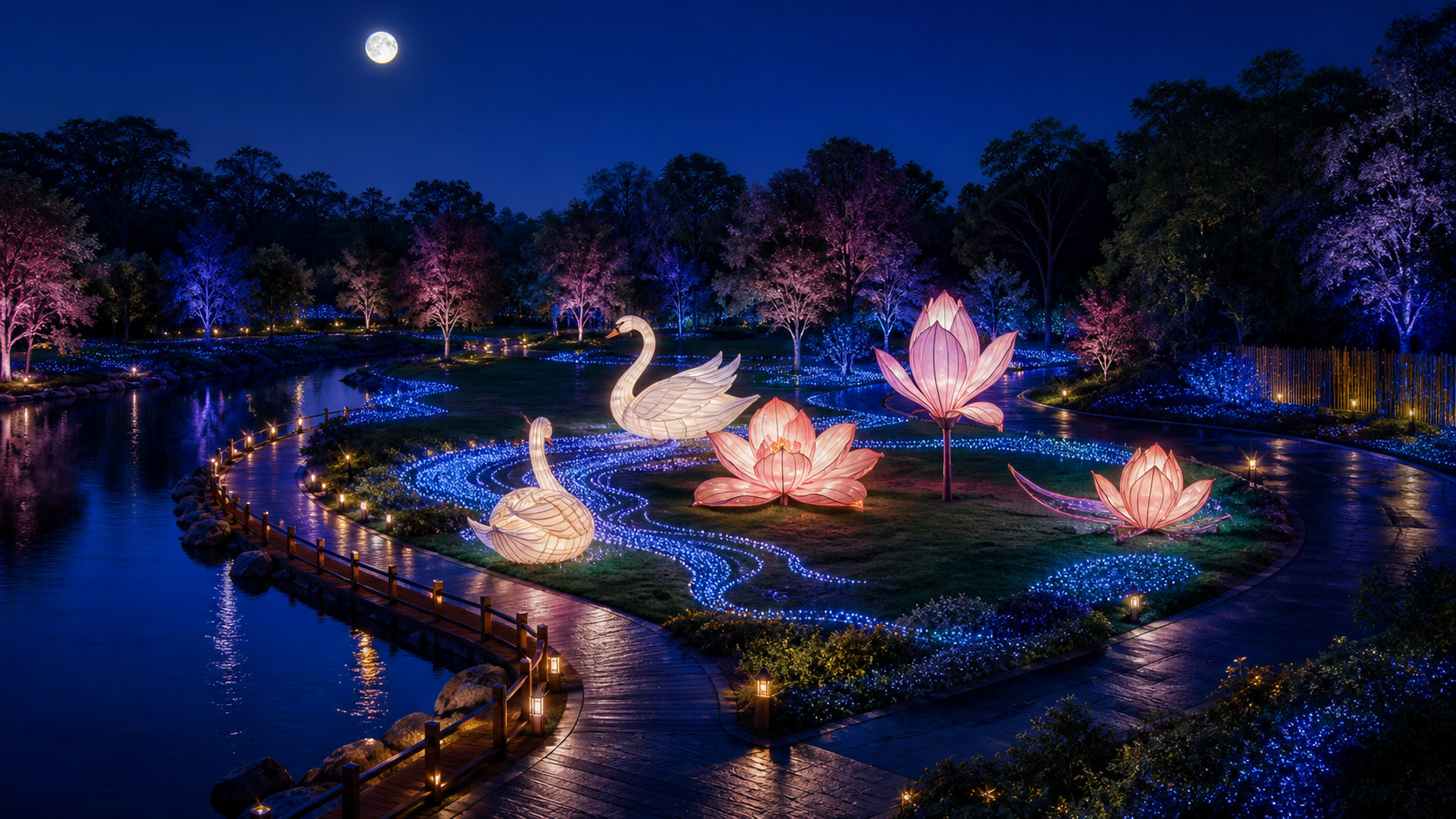 Light festival layout shaped around a waterside path, accessible loop, lawn viewing area and service edge