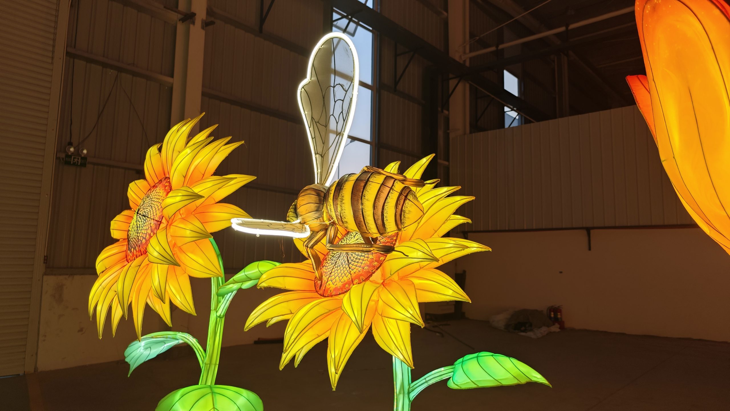 Bee lantern positioned among illuminated sunflowers